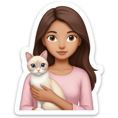 a north-east indian girl with long brown hair wearing a soft pink top holding a white siamese cat sticker