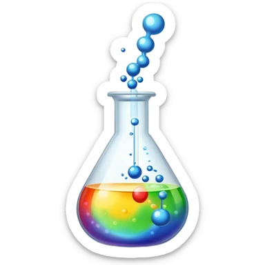 An icon featuring a chemical flask, bubbling with liquid, and an atomic structure, symbolizing chemistry. The design includes molecules, a periodic table, and laboratory equipment, representing the study of chemical reactions and elements. Transparent background highlights scientific research. sticker