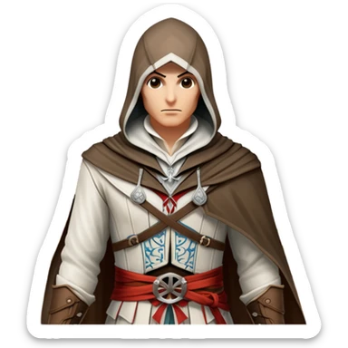 icon featuring Assasin's Creed in an iconic assassin's hood, standing tall against the backdrop of Florence. The design captures the essence of adventure, with intricate details of historical architecture and a sense of mystery. The character is poised, ready for action. transparent background. sticker