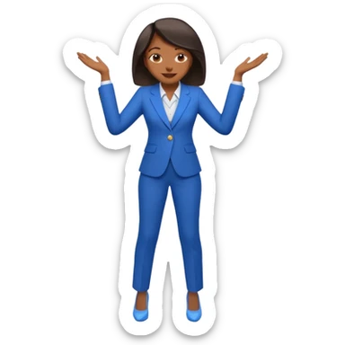 black woman in a blue smart suit and shoes, standing with hands by her side, cheerful expression, emoji style sticker