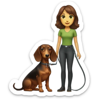 A woman with shoulder-length brown hair, straight bangs and green eyes has a dachshund with rough-coated on a leash. sticker