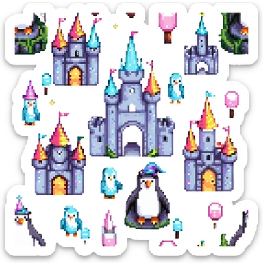 penguin wizard with magical sparkles, a unicorn, fairy, and tiny goblin companion in a pixelated fantasy world with a castle sticker