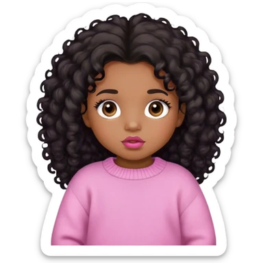 medium brown skin tone, very adorable toddler, with big plump lips, long long lashes, black curly long hair, brown eyes, pink sweater sticker
