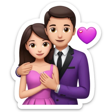 Brunette girl, with an engagement ring on her finger hugging a handsome man, (her boyfriend) both of them happy, she’s wearing a pink dress, he is wearing a black suit, he’s also a rich businessman, and there is the 💜 purple heart emoji on top. They look in love with each other.  sticker