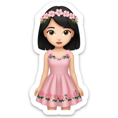 Pretty cute girl wearing a coquette dress, black hair with cute flowers, brown eyed sticker