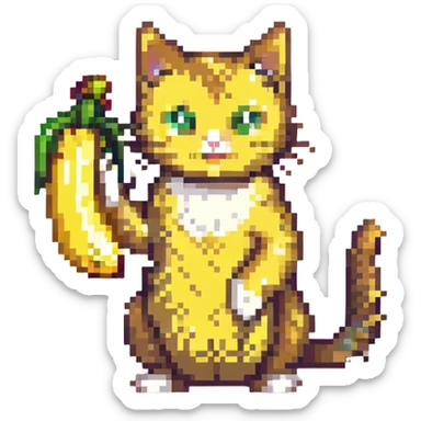 goofy cat with a banana body, pixel art style, bright colors sticker