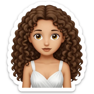 Light tanned skin girl with dark brown very long curly hair, dark eyes, white dress sticker