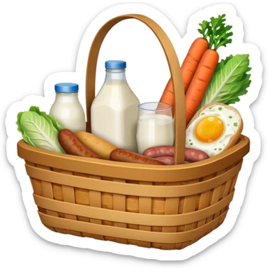 basket with groceries: milk, bread, sausage, eggs, potatoes, carrots, onions, cabbage sticker