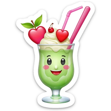 Create an emoji with a clear rounded glass, bright transparent green soda, vanilla ice cream scoop, two red cherries, pink heart-shaped straw, simple shapes, bright colors.
 sticker