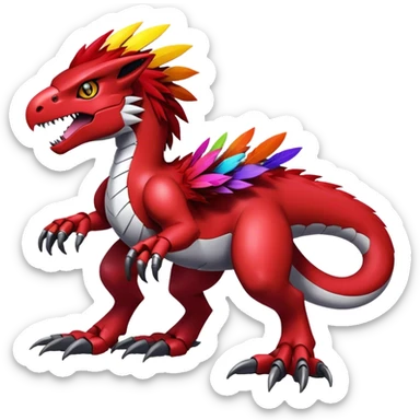 Dark-red Furry feather-mane Cool Edgy Futuristic shiny colorful Digimon-Fakemon-Guilmon-Velociraptor-Mecha full body   sticker