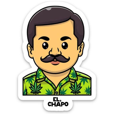 Mexican drug lord El Chapo with mustache and cannabis leaf patterned shirt sticker