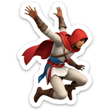 An icon featuring a hero performing a leap of faith from a tower in Florence, inspired by adventure games like Assassin's Creed. The design captures the dramatic moment mid-air, with detailed architecture and a bustling city below. Transparent background sticker