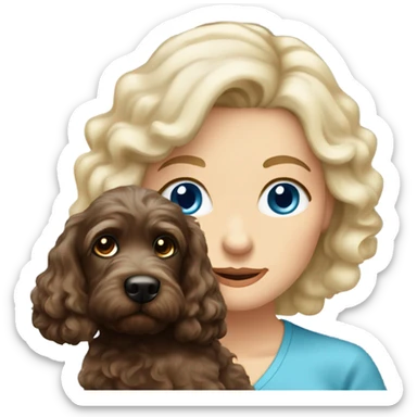 blue eyed old long haired blonde lady with dark brown Cockapoo puppy dog sticker