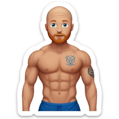 bald guy with a ginger beard, blue eyes and muscles with "GODBODY"  tattoo across abs stomach only, no arm tattoos  sticker