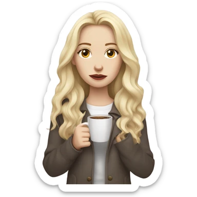 Woman, white skin, pale skin, long hair, blonde hair, wavy hair, bags under eyes, tired expression, holding cup of coffee sticker