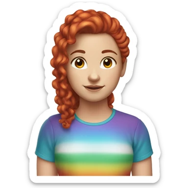 a white girl with long red curly hair in a pony tail with rainbow shirt sticker