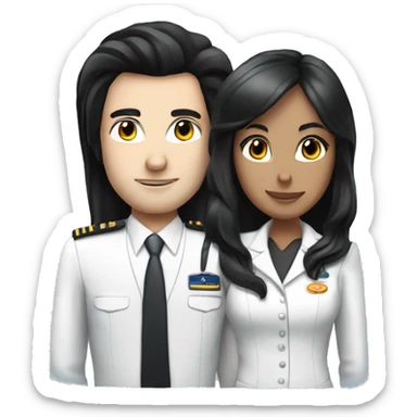 Flight attendant with long black hair and white skin with a pilot man with black hair sticker