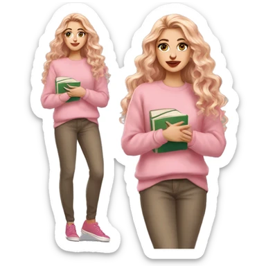 White girl pink sweater pink lipstick green eyes gold earrings pink nails reddish golden wavy long hair full body holding books sticker