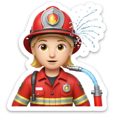 A 3D Apple-style emoji character dressed as a firefighter in a bright red uniform and helmet, holding a fire hose spraying water forward, determined expression with cartoonish eyes, water splashing effect, clean minimal background sticker