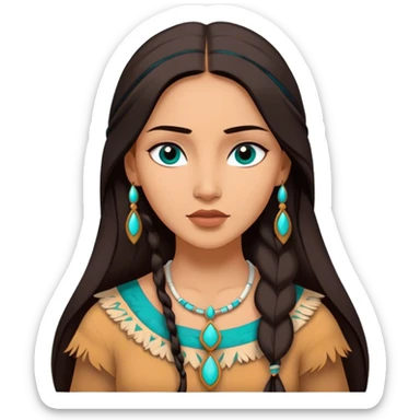 Cinematic Elegant Pocahontas Portrait Emoji, rendered in a realistic, vector-style with minimal shading and bold, simplified shapes. Depict Pocahontas (chest and above) with warm, sun-kissed skin, long, flowing dark hair, and gentle, wise eyes, wearing traditional attire in earthy tones with hints of turquoise. The image glows with a soft, natural radiance and high shine, embodying timeless indigenous beauty. sticker