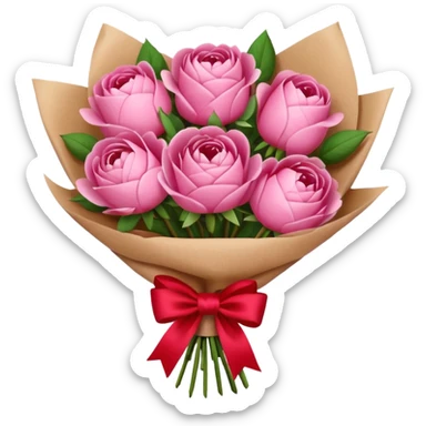 Bouquet of pink flower like rose and peony wrapped in kraft paper with red bow sticker