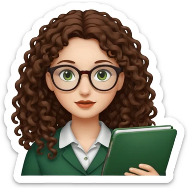 rapariga, olhos verdes escuros, cabelos compridos aos caracóis, com óculos sticker