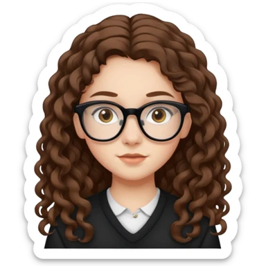 white teen girl with long brown curls, hazel eyes, and black frame glasses sticker
