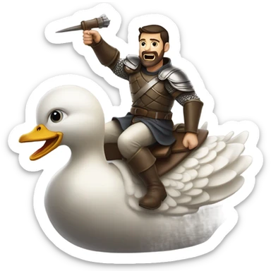 Confident armored White Man with dark brown hair and a short beard pointing forward with one arm yelling a battle charge while riding on the back of a giant duck sticker