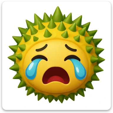 Change the durian character's expression to crying dramatically with big teardrops, keeping all other features the same: round, green spiky shell, yellow flesh, blushing, sparkly eyes. The original style is emoji style, so maintain the emoji look and feel in the edit. sticker