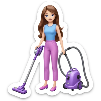 beautiful barbie girl with long brown hair, blue eyes and wearing light purple clothes, cleaning and vacuuming sticker