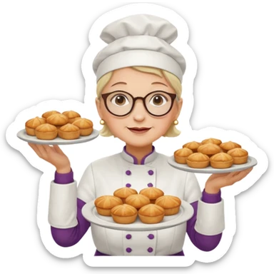 Older female pastry chef – round glasses, oven mitts on, holding a tray of pastries.

 sticker