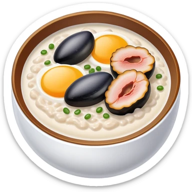 Guangzhou rice porridge congee with century egg and pork, simplified emoji style with bold outlines and bright colors, cartoon style Southern Chinese breakfast bowl sticker