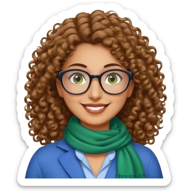 40 yr old Iranian woman, light brown very curly thick hair, shoulder length hair, green eyes, tan skin, big smile, big glasses, blue dress shirt with white scarf on neck sticker
