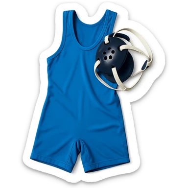 realistic icon of a wrestling singlet uniform, bright blue, brightly lit, spread out as if loosely laying on a table, with a set of wrestling headgear laying loosely on top, slight variation in fold or angle, isolated on transparent background sticker