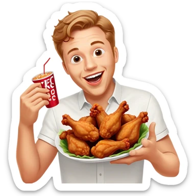 "Create an emoji of a white man holding KFC chicken wings with a happy and excited expression. Make sure to add the text 'KFC ABSOLUTE CINEMA ✋😮🤚' in large, bold letters, covering the entire screen and standing out clearly. This text must be included. Use a vibrant and expressive style." sticker