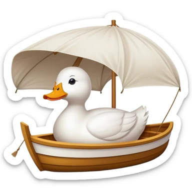 the white duck-shaped boat with a Shade cloth sticker