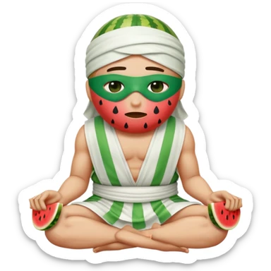 Create an emoji sitting cross-legged, wearing a completely white toga (no stripes). The emoji is blindfolded with a green and white striped cloth covering its eyes. A half watermelon is placed on top of its head. The emoji should look distressed or cold sticker