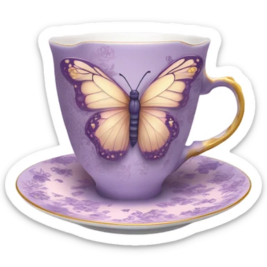 A delicate butterfly with pastel pink wings, resting on the edge of a purple porcelain teacup adorned with intricate violet floral patterns. sticker