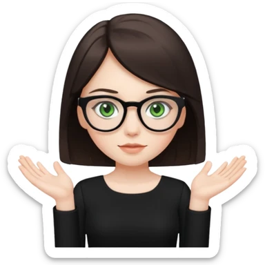 a cute white brunette girl with green eyes in a black dress wearing glasses  with two hands  sticker