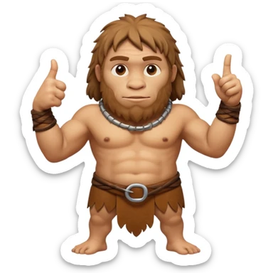 A full-bodied Neanderthal, dressed in a loincloth, points his thumb to the right
 sticker