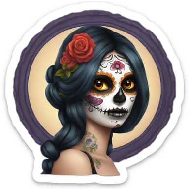Lady looking over shoulder day of the dead tattoos and missing eye sticker