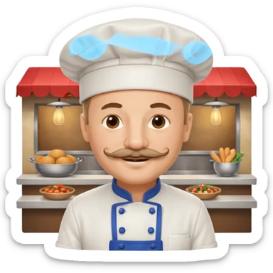 Est-ce que tu peux me faire un chef cuistot qui ressemble à Philippe Etchebest et qui est devant un restaurant? Est-ce que tu peux le faire souriant, avec une moustache de cuistot? 
 sticker