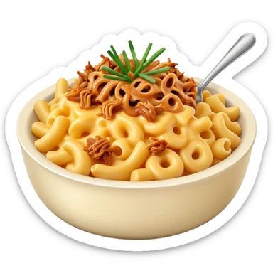 Bowl of Mac and cheese with chives and pulled pork sticker