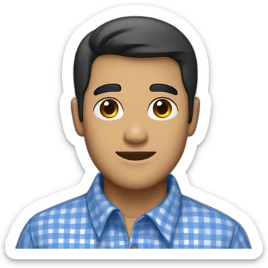 Tan man with short black hair and a gingham white/marine blue buttoned collar shirt sticker