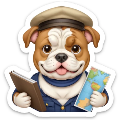 English bulldog as a cheerful tour guide, wearing a hat and holding a map sticker