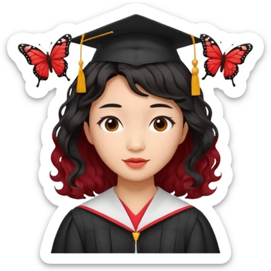 Graduate red asian black hair with wavy butterfly haircut sticker