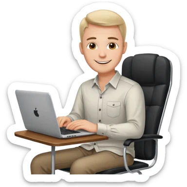 Rich man working setting on a chair in shirt and near the table with laptop he is german very beautiful looks like sticker