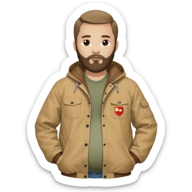 Bearded man with pregnant belly poking out of shirt wearing a tan canvas carhartt jacket next to chinese flag sticker