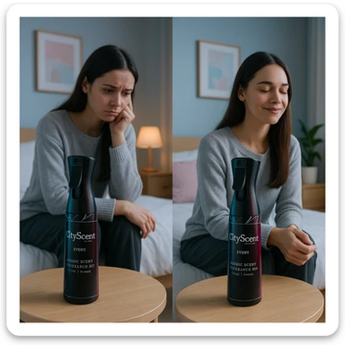 Create a stylish Instagram store post featuring the CityScent fabric scent fragrance oil on a table in a cozy, minimal bedroom. Show a girl enjoying the scent, her mood changing from sad to relaxed. Use a modern, clean, and visually appealing composition with a color palette that matches the product branding. No extra text or logo, just a beautiful Instagram-ready look. sticker