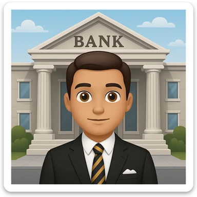 Add a bank building background to the bank manager in a general style, versatile and adaptable to any look. sticker